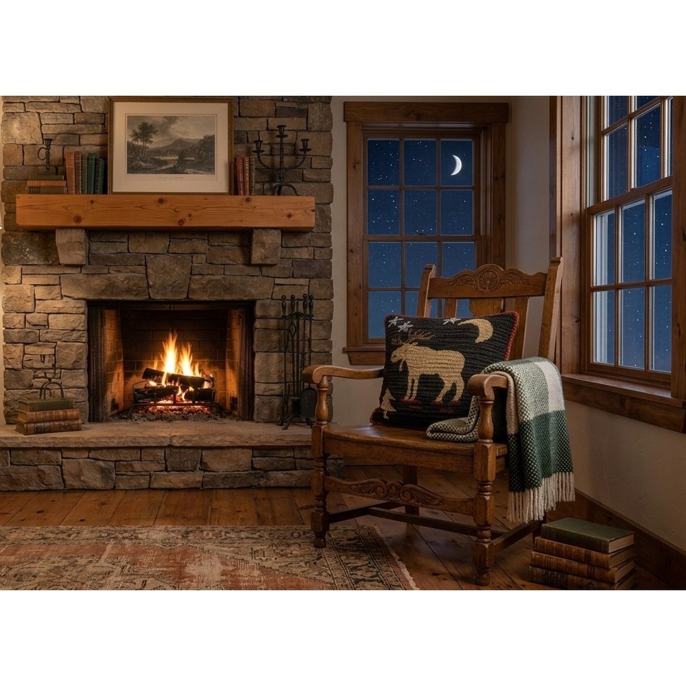 Chandler 4 Corners 18x18 Hooked Wool Pillow Night Moose Laura Megroz Cabin Decor